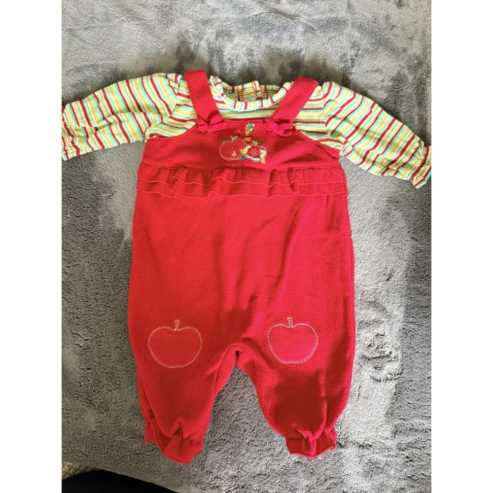 Okie Dokie Baby Fleece Overalls Striped Apples Cottage Whimsy Vintage 0-3 Months